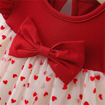 Heartglow – Red Mesh Tutu Dress with Embroidered Hearts & Bow for Baby Girls