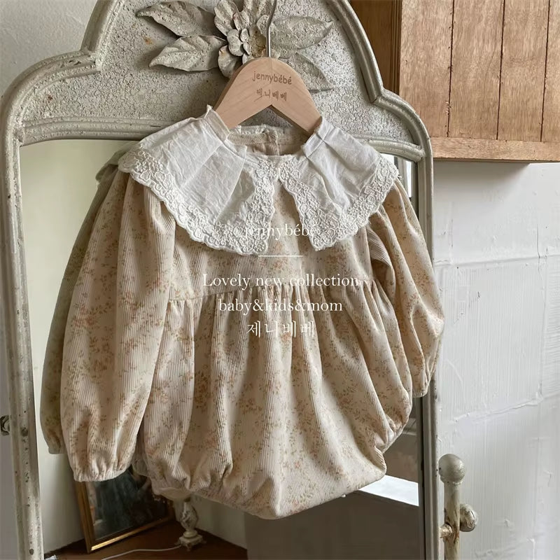 Lacewhimsy – Corduroy Floral Romper with Petal Collar for Baby Girls