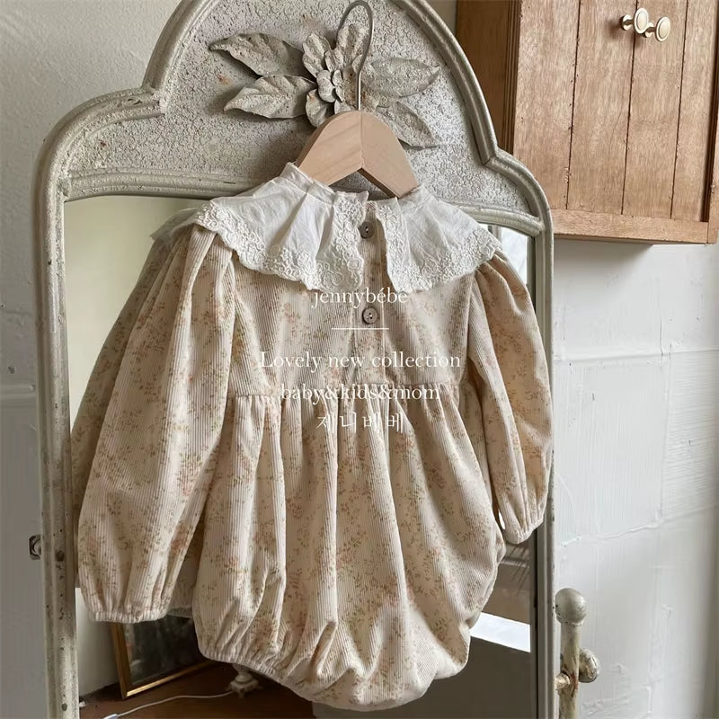 Lacewhimsy – Corduroy Floral Romper with Petal Collar for Baby Girls