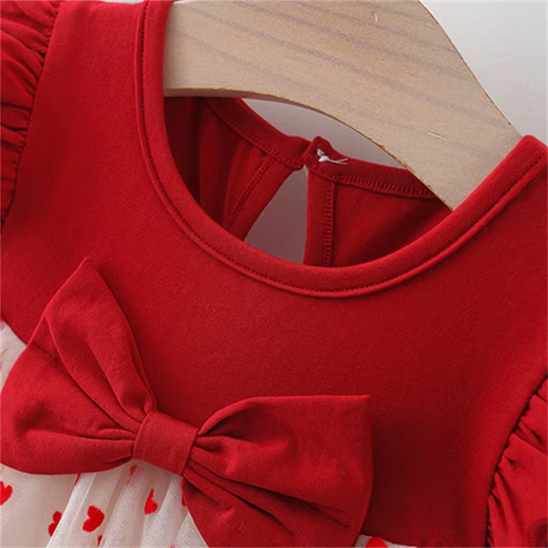 Heartglow – Red Mesh Tutu Dress with Embroidered Hearts & Bow for Baby Girls