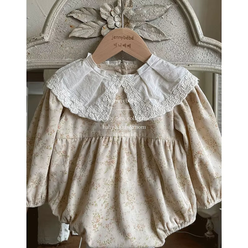 Lacewhimsy – Corduroy Floral Romper with Petal Collar for Baby Girls