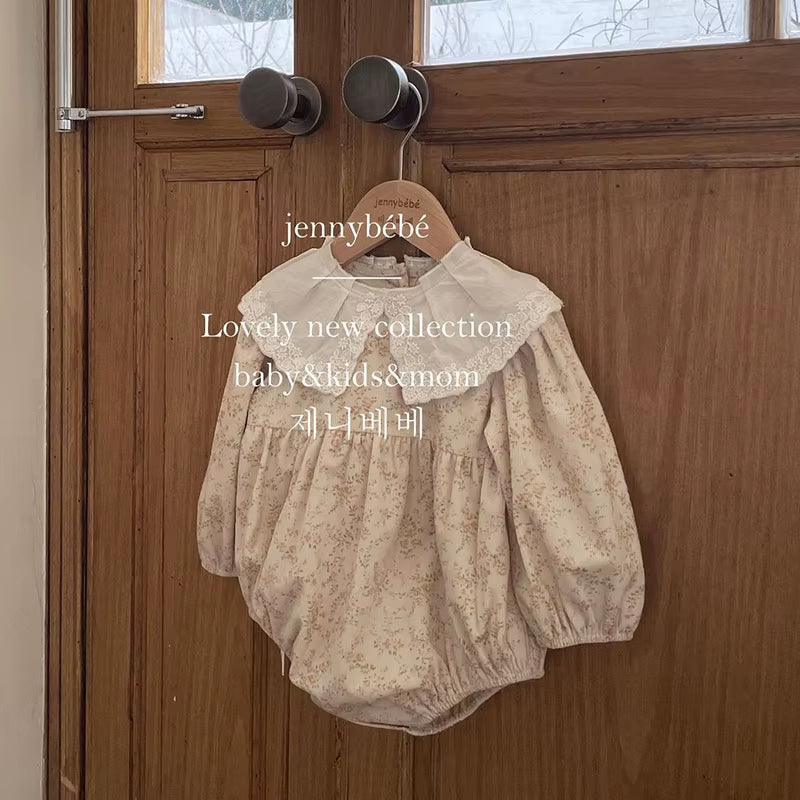 Lacewhimsy – Corduroy Floral Romper with Petal Collar for Baby Girls